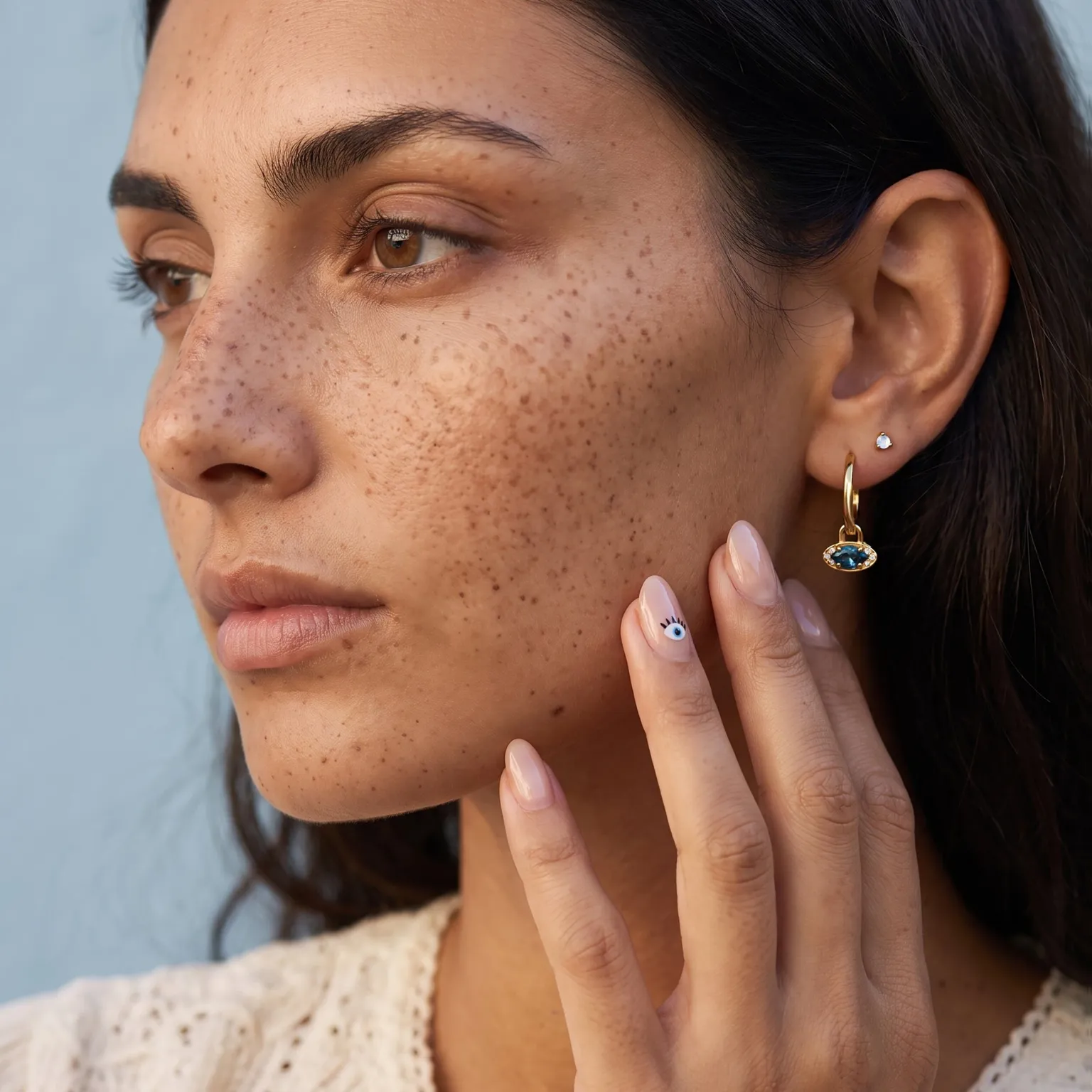 Blue Topaz Earrings - Evil Eye Hoops